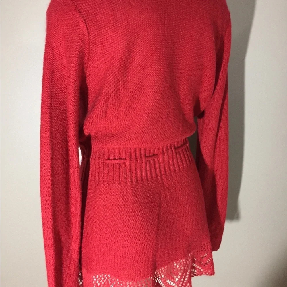 Elle Red Sweater With Crochet Lace edges and Tie Front XS - Picture 5 of 10